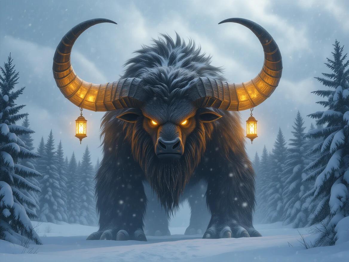 Massive horned beast stands in a snowstorm. Golden spiral horns hang lanterns. Glowing amber eyes and thick shaggy fur. Pine forest background with windblown snow and storm clouds. Solemn expression creating a guardian mood. Cinematic concept art in ultra-detail.