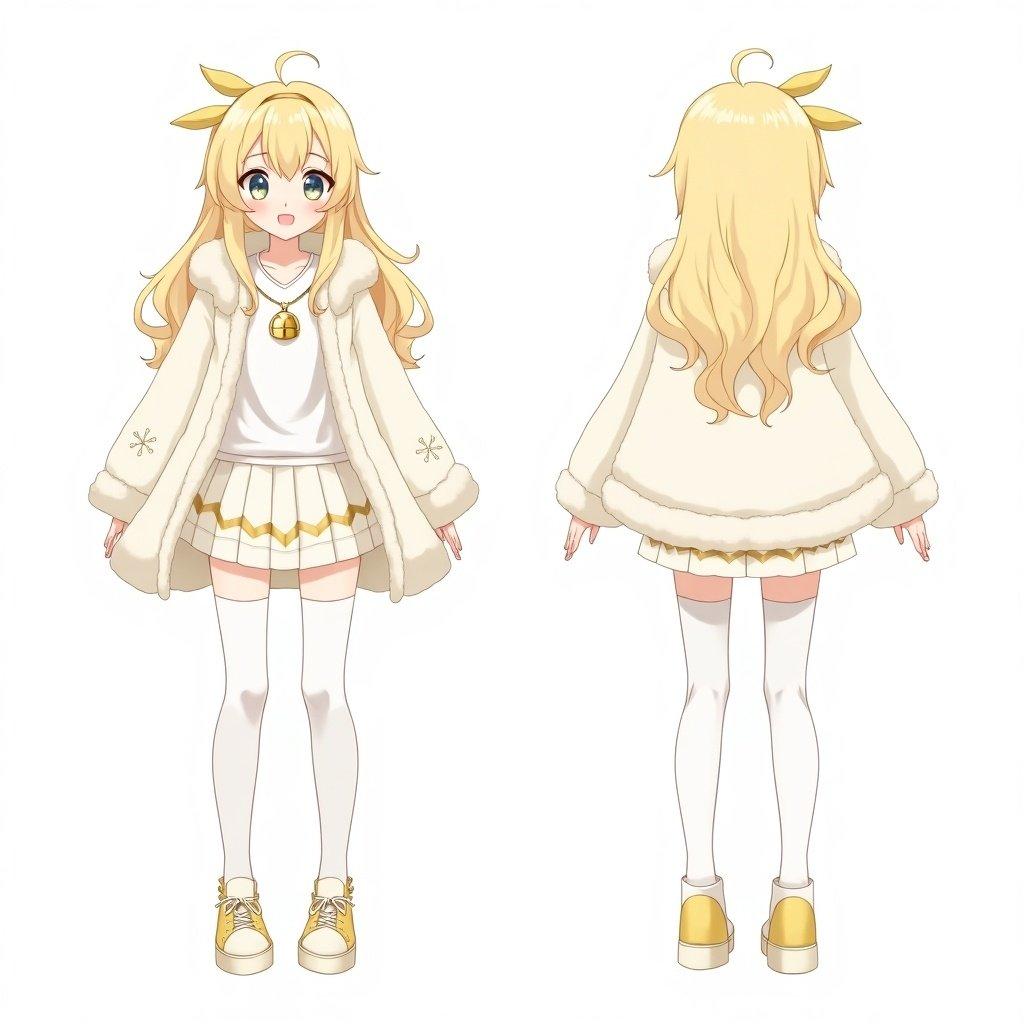 Character with long blonde hair styled with gold bows. Dressed in a fluffy winter coat with fur lining and a gold snowflake skirt. White leggings and gold sneakers complete the look. Front and back character design focusing on a friendly appearance