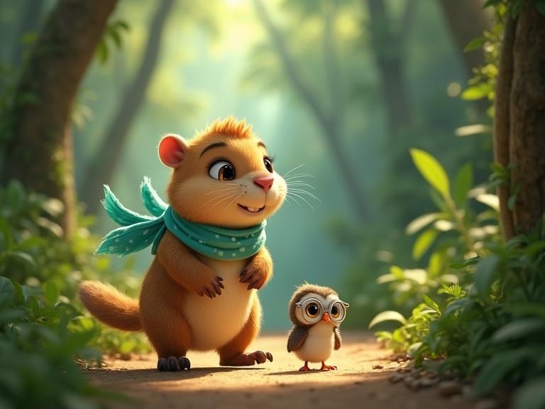 A small, adorable capybara walks along a jungle path with friends. The capybara has golden-brown fur, big hazel eyes, a light teal scarf, and carries folded leaf wings. The owl has lavender feathers, golden eyes, and the hummingbird has emerald feathers and crooked glasses. The jungle is filled with tall trees and sparkling light.