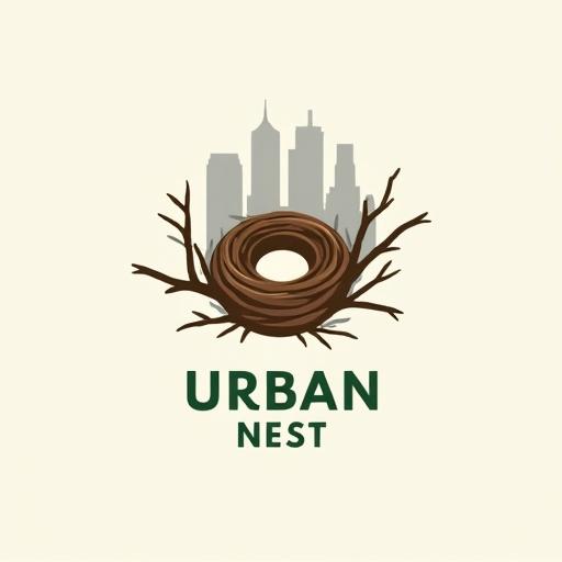 Logo design featuring a bird's nest with city skyline. Brown branches form the nest with a circular cavity in the center. Skyline includes skyscrapers in light gray. Text 'Urban Nest' below, in dark green and light gray. Overall pastel tones suggest harmony between nature and urban life.