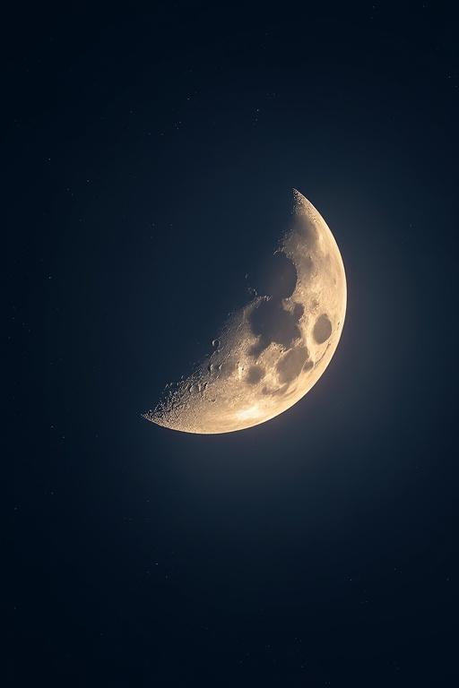 Crescent moon glowing brightly against a dark night sky. Displays intricate craters and surface textures. High mountains visible.
