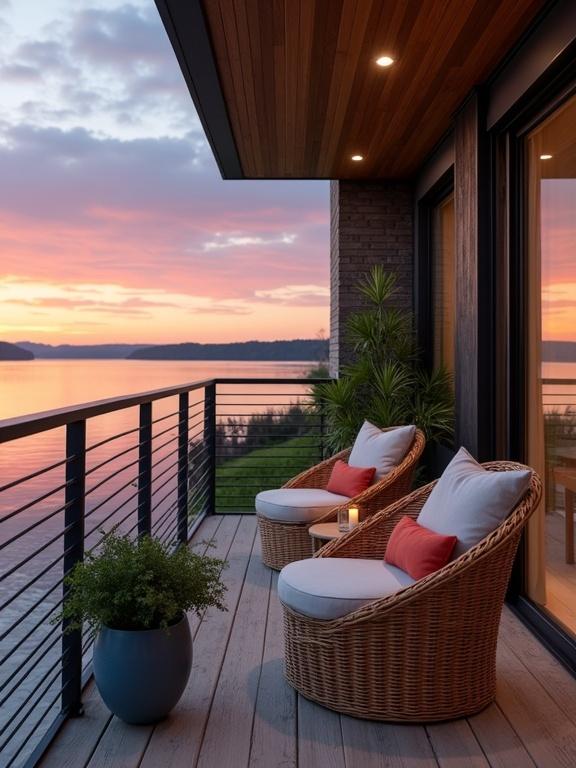 A serene outdoor deck scene by a body of water during sunset. Two wicker chairs are on the deck with light gray cushions and a small red pillow. There is a small round wicker table with a lit candle. Potted plants in blue ceramic pots are nearby. A modern railing with black metal bars is visible. The deck features weathered wooden planks and a wooden ceiling with recessed lighting. The sunset sky showcases orange, pink, and purple hues reflecting on the calm water below.