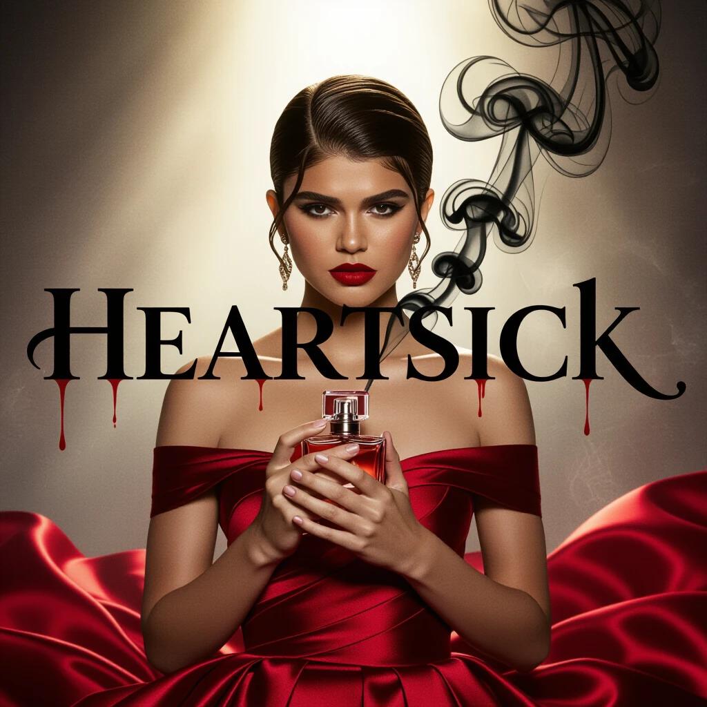 Movie poster for a film named HEARTSICK. The title appears in bold serif font with ink dripping. A woman in a red satin dress holds a shattered perfume bottle. Black smoke spirals from the bottle. Harsh lighting highlights her silhouette against crimson fabric.