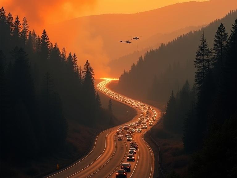 A winding highway descending from a hill surrounded by dense forest. Visible forest fires with flames and smoke in the distance. A convoy of cars evacuating from the fires heading towards the camera. The sky is orange and hazy due to smoke. Helicopters flying above towards the flames to drop water.