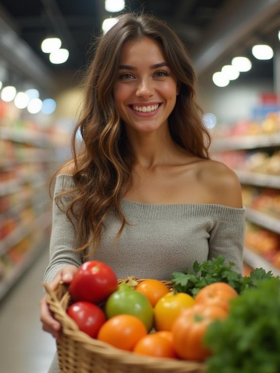 Amateur candid photo featuring a beautiful woman shopping for groceries. She holds a basket filled with fresh produce. Background shows shelves stocked with various fruits and vegetables. The shot captures a joyful moment while showcasing the importance of healthy eating.