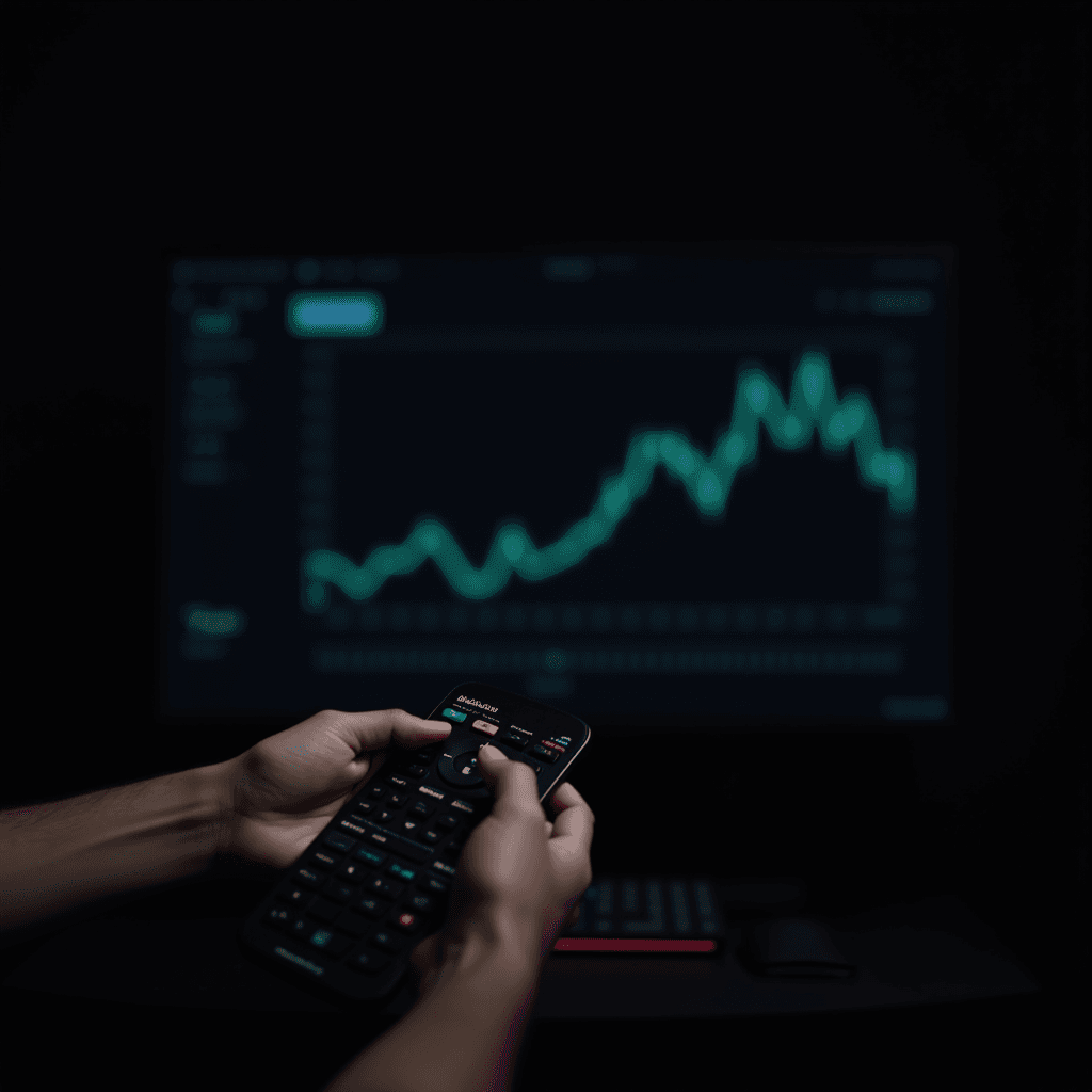 An individual uses a remote control in front of a screen displaying fluctuating stock market data graphs.