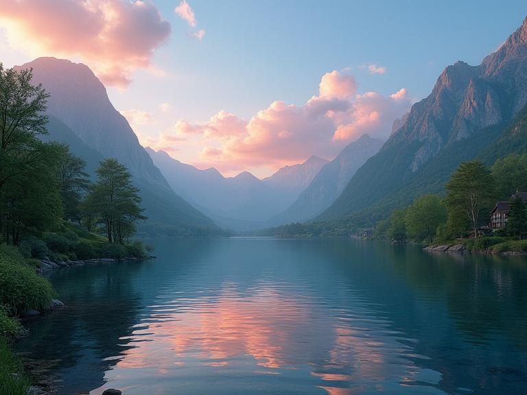 A serene mountain landscape at sunrise. Vibrant colors reflect on a calm lake. Surrounding lush green trees and a clear blue sky. No people or text.