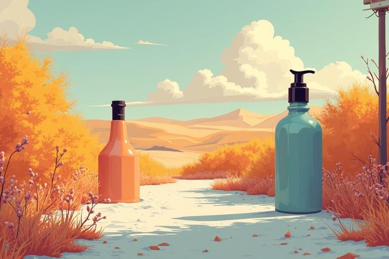 Banner design featuring two bottles in a serene landscape with sky and mountains. Bottles are bright with a playful contrast to the soft background. Illustration style emphasizes vibrant colors and scenic beauty.