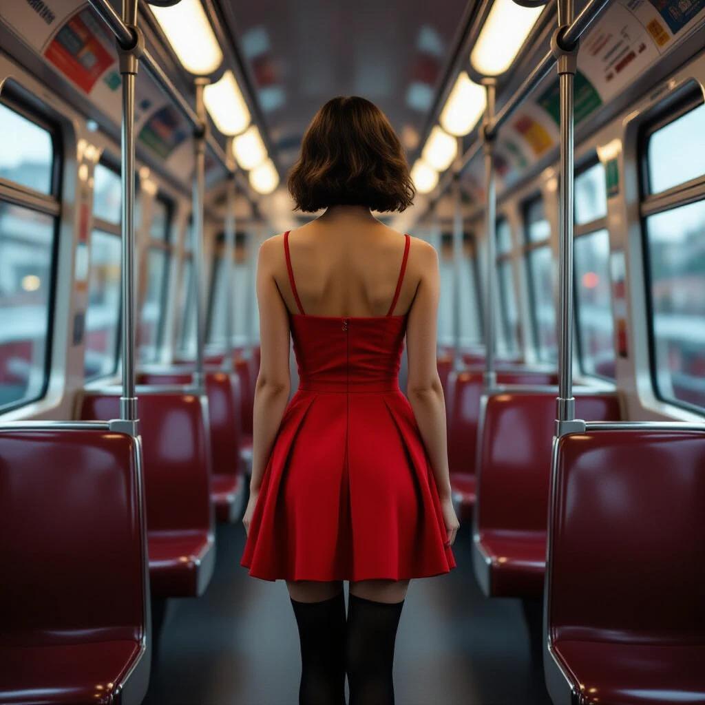 A woman is standing with her back to the camera in a public train. She is wearing a fitted red dress with a flared skirt and black stockings. The scene is set in an empty train interior with soft, ambient lighting.