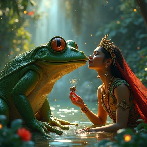 Cinematic ultra-detailed illustration of a shocked frog transforming after receiving a kiss from a stunning Palestinian princess. Frog has bulging eyes, wide-open mouth, glistening skin, and flailing hands. Princess wears an intricately embroidered thobe with gold tatreez patterns and a playful smile. Background features lush oasis, glowing fireflies, waterfalls, ancient ruins, bioluminescent flowers. Soft twilight lighting creates dreamy atmosphere. Tiny snail observes shock and frog’s crown falls off.