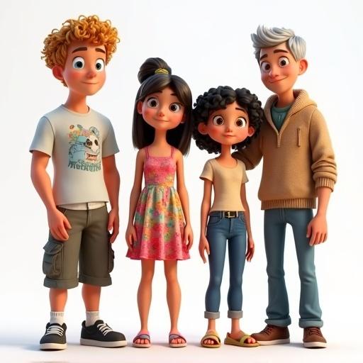 Diverse group of animated friends and family. Tall man with curly blonde hair wearing a graphic tee and cargo shorts. Petite woman with short straight black hair dressed in sundress and sandals. Family member with salt-and-pepper hair in cozy sweater and jeans. 3D animated cartoon style.