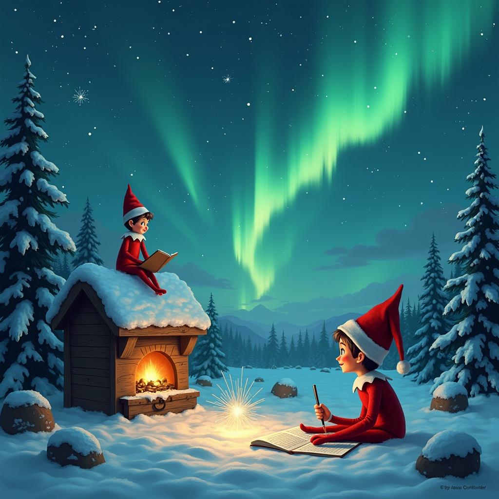 A charming Christmas scene unfolds under a starlit sky illuminated by vibrant northern lights. Two elves, dressed in festive attire, create a cozy tableau in the snow. One elf sits on a small wooden shed, writing something special in the air with a sparkler, while the other elf watches intently. The warm glow of a nearby fireplace radiates comfort against the chilly backdrop. Surrounding them are snow-covered trees and a peaceful wintry landscape, evoking the spirit of the holidays. This enchanting illustration captures the magic of Christmas and the joy of storytelling.