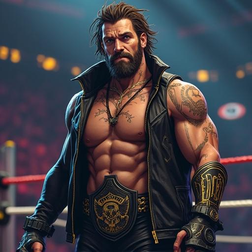 Anime style character in a futuristic wrestling ring as a heavyweight champion. Character is a muscular man with scraggly hair and a creepy grin. Wear creepy wrestling gear and hold a scythe. The color theme involves light gold and onyx black. The setting depicts a modern wrestling ring at night in Chicago.