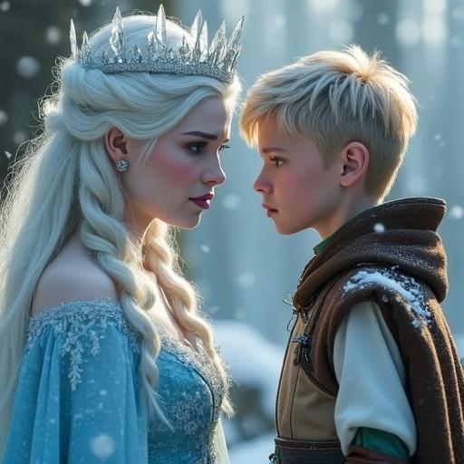 Close-up portrait of Snow Queen and young boy. Snow Queen appears mid-30s with high cheekbones, icy blue lips, silver-blue eyes, long flowing white hair, wearing ice-blue gown and silver tiara. Boy has angular face, blue eyes, blond hair, wearing brown cloak and green trousers. Both look at each other with a sad expression, in a snow-covered garden.