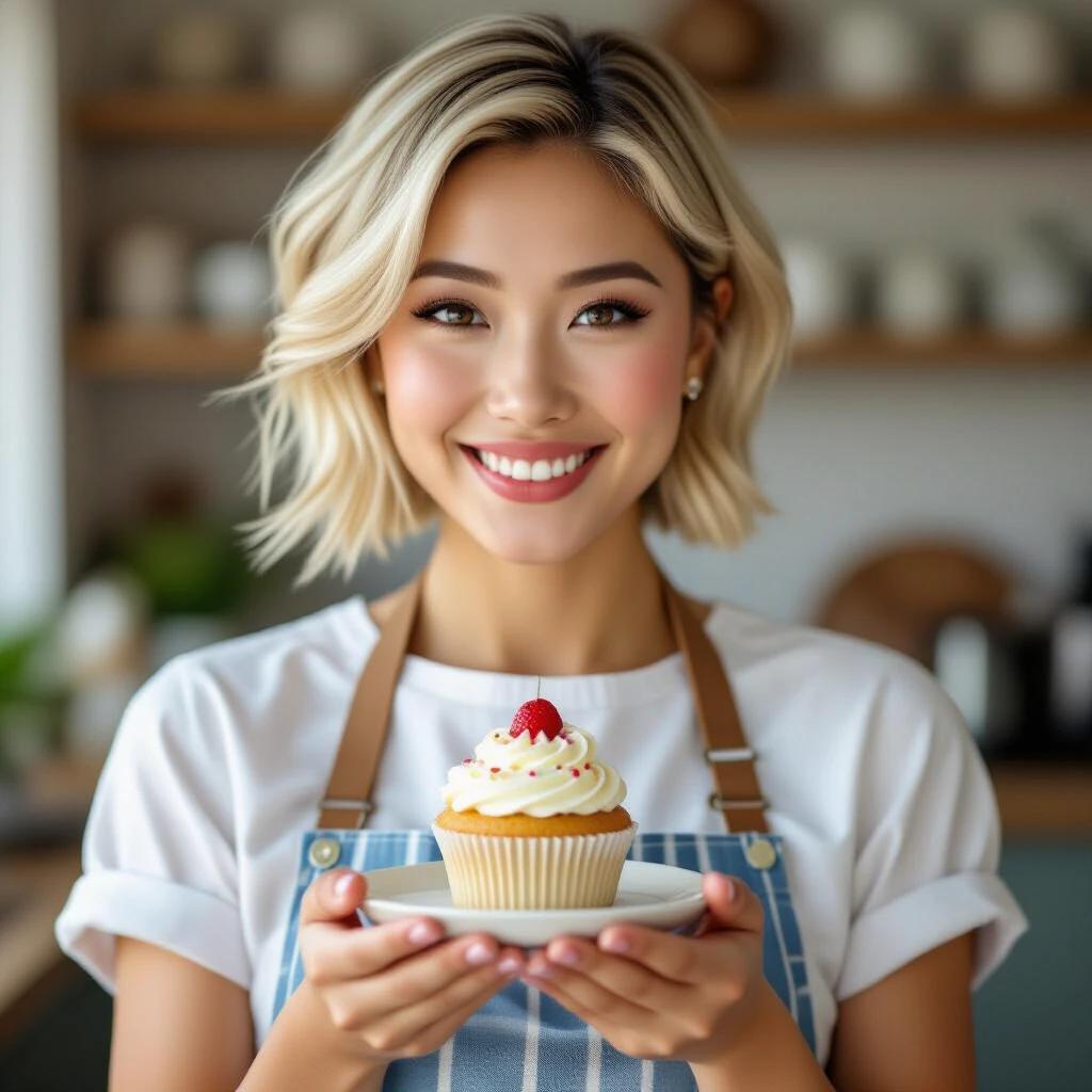 A person wearing an apron holds a cupcake with frosting. The cupcake features a cherry on top. The setting is bright and cheerful. The person has short blonde hair and a friendly demeanor. Background suggests a cozy kitchen.