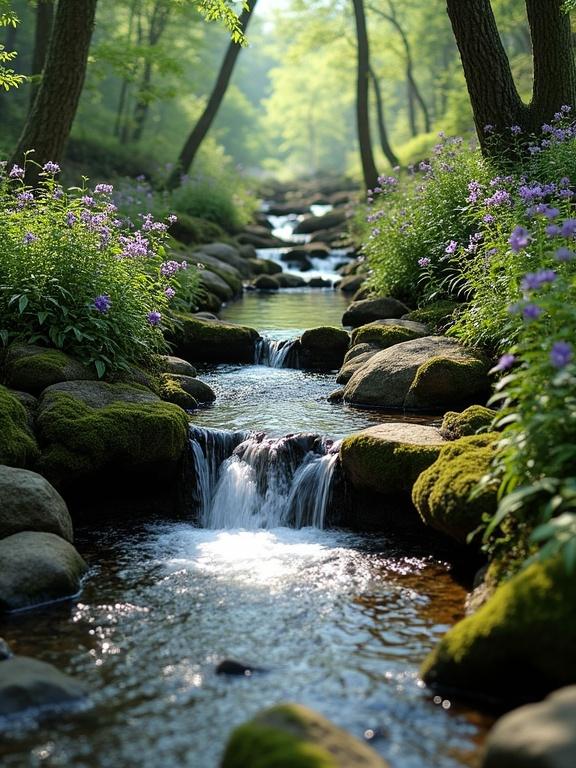 Serene forest creek scene with clear water flowing over rocks. Small waterfalls cascade gently. Moss-covered rocks line the banks. Lush vegetation including purple flowers. Soft natural light filters through trees.