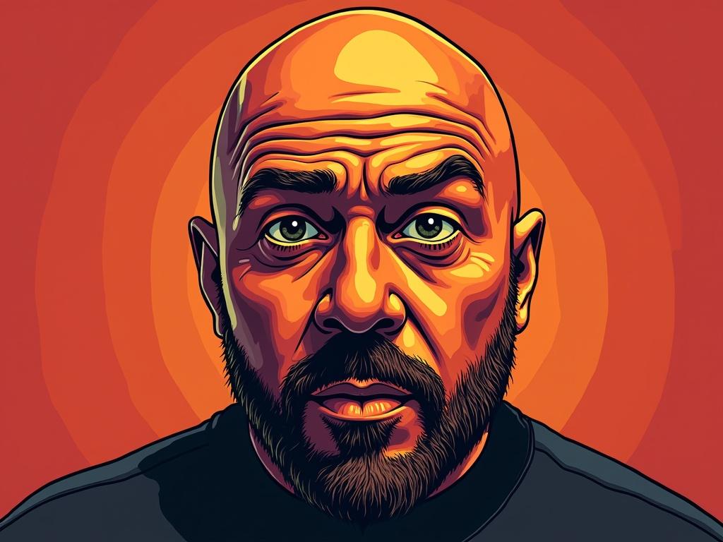 Transform this image into the style of The Joe Rogan Experience podcast logo. The new artwork should use bold red and orange tones, creating an eye-catching color palette. Ensure that the facial structure is maintained but make the features more exaggerated and cartoonish. Apply high contrast and thick black outlines to enhance the visibility of the details. The facial expression should remain intense and slightly exaggerated, adding a psychedelic or surreal edge to the overall look.