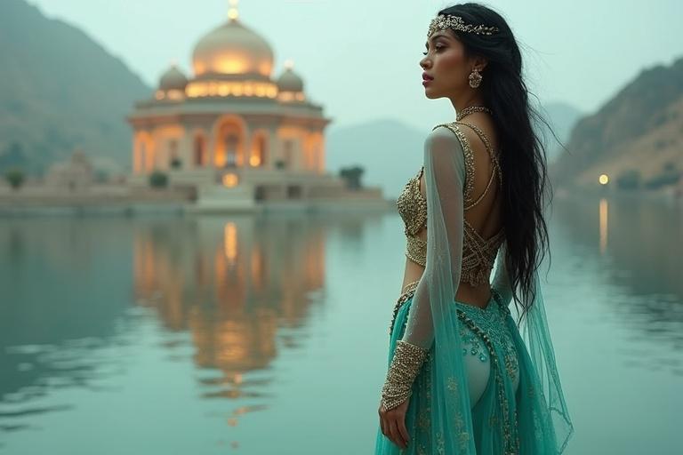 Turquoise Arabian princess-style outfit with ornate gold embroidery. Shimmering sequins and sheer overlay pants. Black shiny hair. Deep V-neckline top with gold trim. Bold jeweled headpiece. Glowing temple on a still lake. Watching with sacred awe expression.