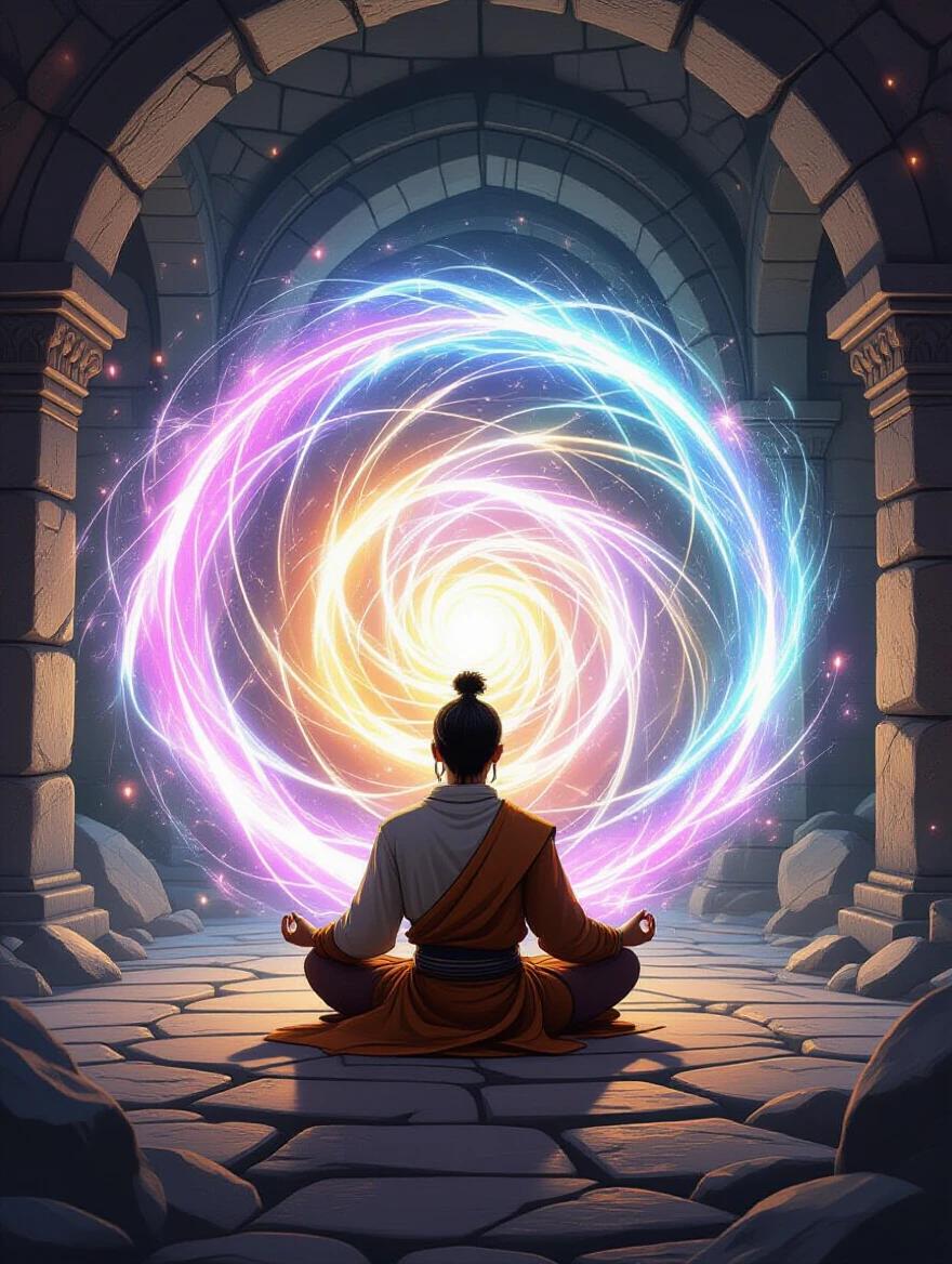 Young cultivator in lotus position inside ancient dungeon. Swirling spiritual energy vortex surrounds him. Luminous qi particles orbiting in patterns. Stone chamber filled with magical energy. Walls cracking from power.