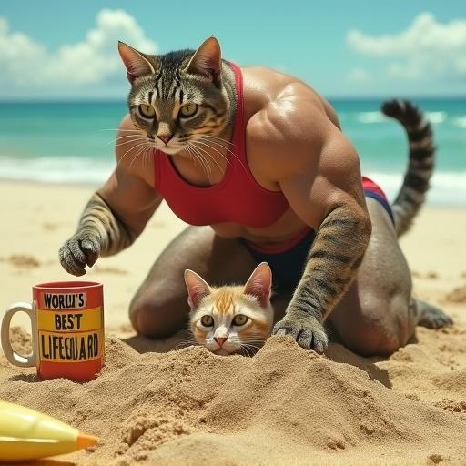 Photograph features a muscular anthropomorphic cat in speedos. Cat is burying another cat in beach sand playfully. The muscular tabby is using its strong paws to pile sand onto a smaller cat. The buried cat's head is visible showing annoyance. A mug with the text 'World's Best Lifeguard' is nearby. Fresh paw prints indicate recent activity on the beach.