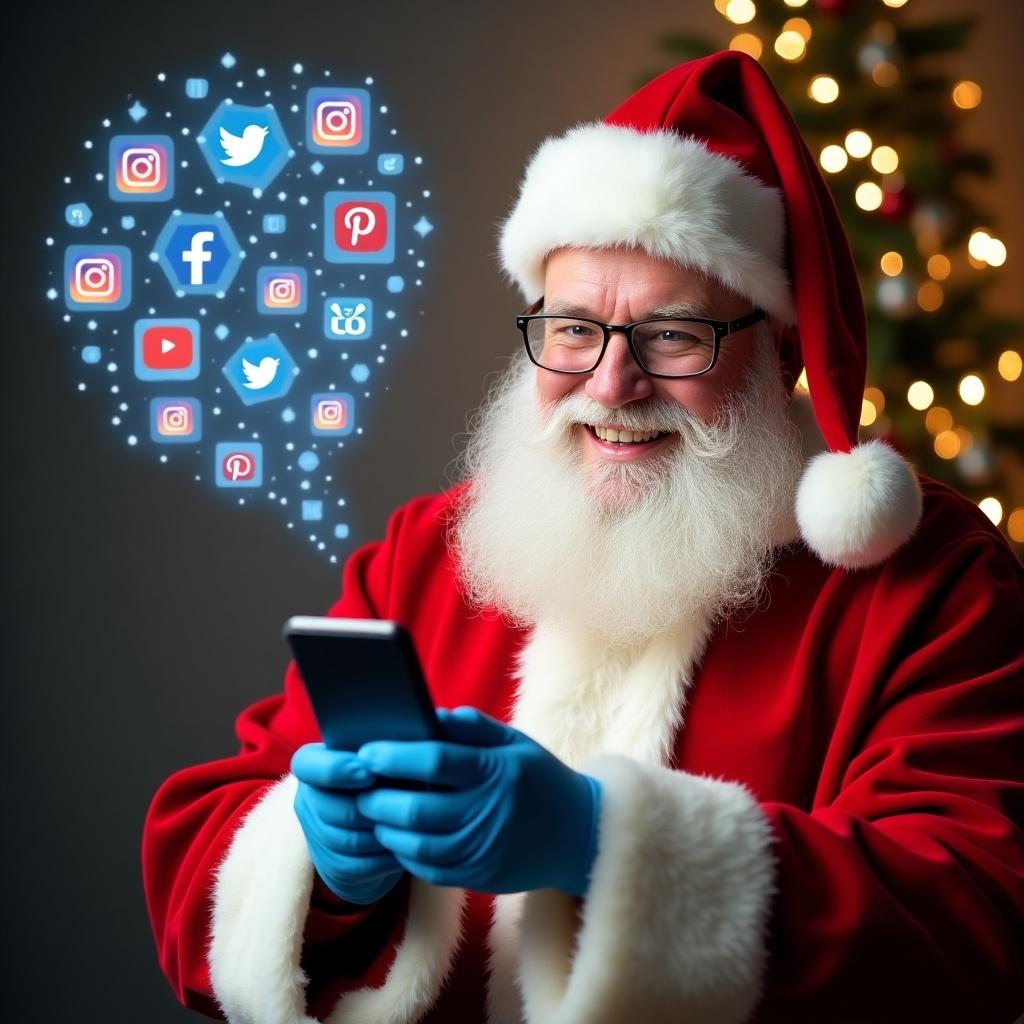 Image of Santa Claus in classic red and white suit. Santa is smiling joyfully and holding a phone. The phone displays the name 'FEDAR Foundation' in blue. Background features social media icons. Atmosphere is warm inviting. Captures joy and magic of holidays.