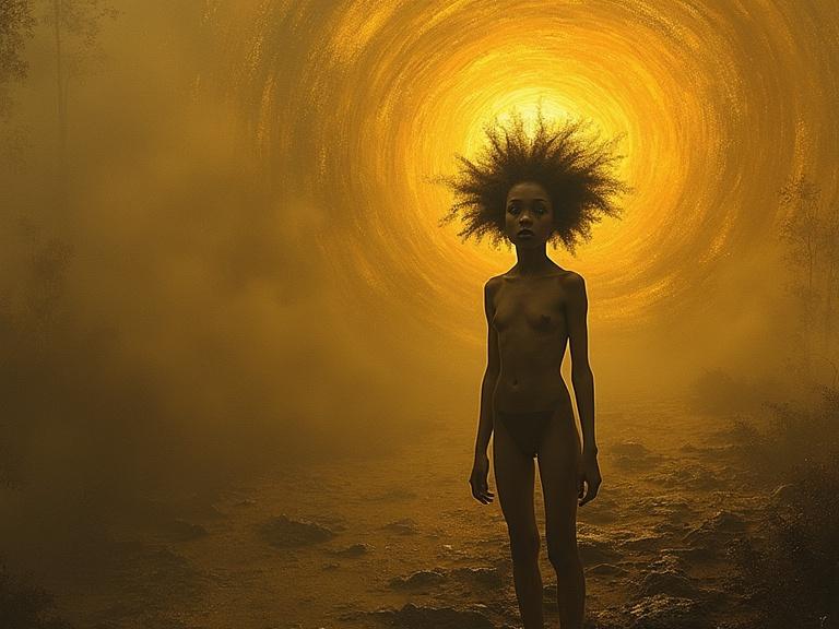 A portrait features a figure in a swirling landscape. The figure has a disappointed and astonished expression. The background is warm amber and gold with abstract patterns. The scene has an ethereal glow. Artwork is ultra-sharp and textured.