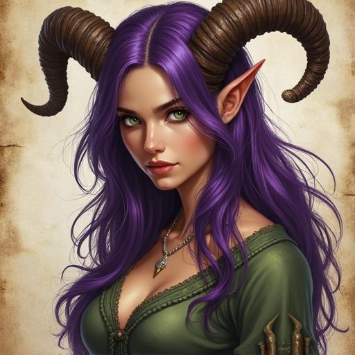 Portrait of a faun woman. Features include purple hair and green eyes. She has horns and a rugged fighter look. Background appears as worn parchment paper. Style is inspired by Antonio J. Manzanedo in a semi-realistic manner.