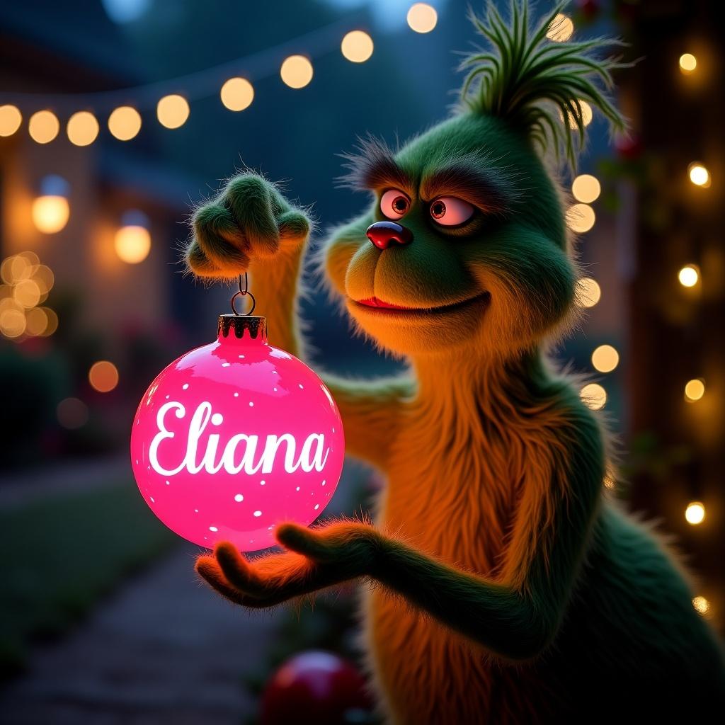 Night garden scene illustrates Grinch character joyfully holding a pink glowing Christmas ornament. Ornament displays the name Eliana in elegant script. Background features twinkling Christmas lights enhancing a magical atmosphere.