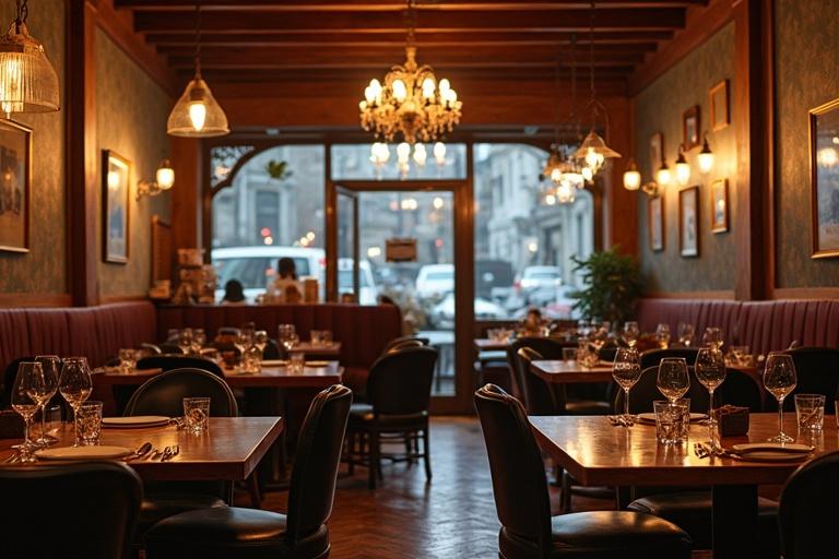 Cozy and elegant restaurant interior. Warm lighting creates an inviting atmosphere. Tables are set with glassware and cutlery. Wooden furniture adds charm. Chandeliers and pictures on the walls enhance decor.