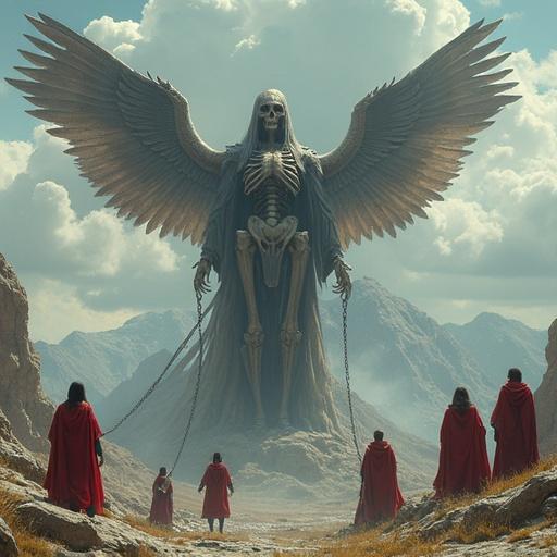 Gigantic humanoid winged skeletal monument bound in chains to a mountain. Group of red-robed worshippers standing in awe in front of it. Scene captures a fantasy world atmosphere.
