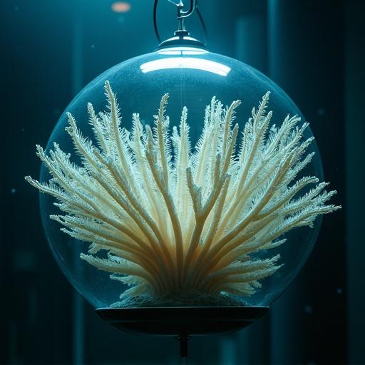 Radially symmetrical alien coral organism with glowing leaf-like spines flipped inside a scientific observation pod. The organism is illuminated by a soft bioluminescent glow while floating in a dark misty chamber.