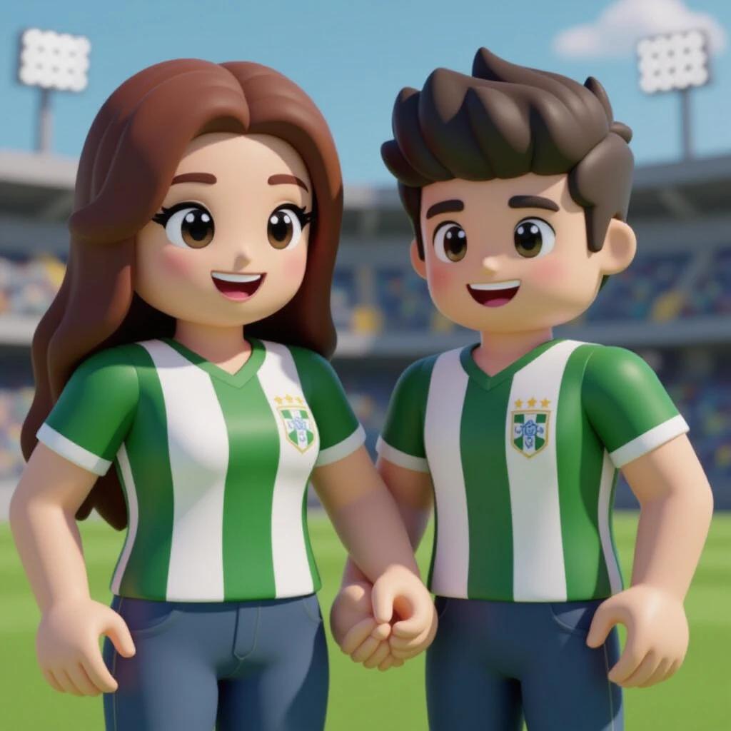 Two cheerful characters standing together on a soccer field wearing matching green and white striped jerseys with team logos for Botafogo. They are in a stadium filled with fans in the background. Ideal for sports-themed gaming or animation projects.