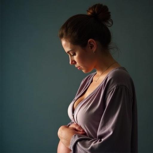 Pregnant woman with tuberculosis infection. Natural light illuminates. Soft profile view. Serene atmosphere. Emphasis on health and maternity.