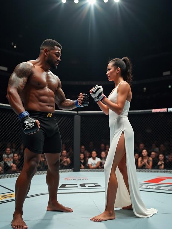 MMA octagon arena fight scene featuring an intense confrontation. Show a muscular dark-skinned man in a combat stance and a young Asian woman in a serious defensive position. The fighters are barehanded and barefooted with no protective gear. The scene captures a standoff with a metal cage and a crowded background. Dramatic lighting enhances the sharp focus on fighters in a photorealistic style.