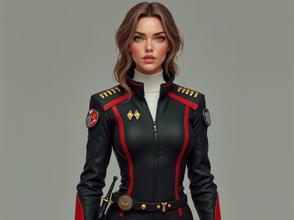 The image depicts a realistic 35-year-old woman with tall and athletic body proportions. She has sandy brown hair with darker eyebrows and striking blue-green eyes. Her lips are of average fullness, suggesting a more approachable appearance rather than that of a supermodel. She is wearing a sci-fi military uniform made from a tough synthetic fabric that features a black jacket with a red stripe that separates the tops of her shoulders from her chest and back. The jacket, which is padded at the shoulders, has red side panels and cuffs with a subtle red stripe. Beneath the jacket, she wears a white knit shirt with a flat collar and tailored black pants. There are round patches on both shoulders; the left features a white sword on a gold shield with broken gold crescents on a red background, while the right shows a three-headed gray wolf over a gold shield with the same broken gold crescents on a black background. She has four small gold diamonds on her left breast indicating her rank as Captain, along with a comm-badge shaped like a small gold shield with a white sword on her right breast. Her belt includes a second band lower on her hip, carrying a gold-hilted dagger in a black scabbard.