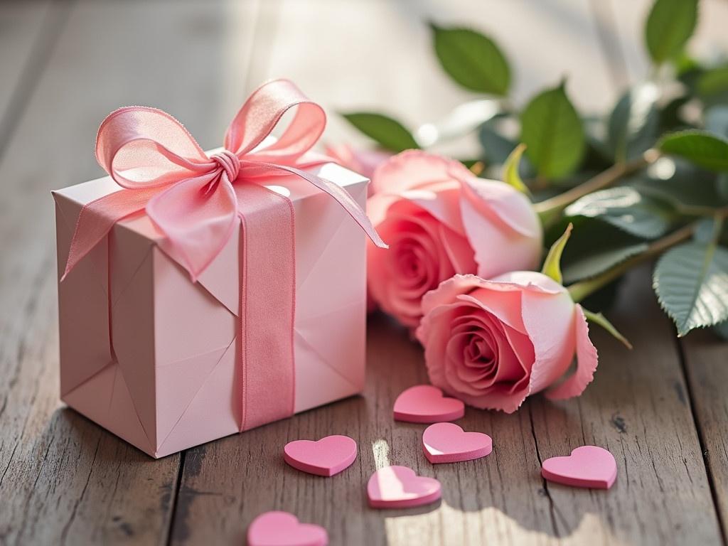 Create a Valentine's Day background featuring elegant pink roses artistically arranged. Include a decorative bow on a gift bag that complements the flowers. There should be charming paper hearts placed casually near the bag, enhancing the romantic theme. The setting is a simple wooden surface to give it a rustic feel. Soft light should illuminate the scene, creating a warm and inviting atmosphere.