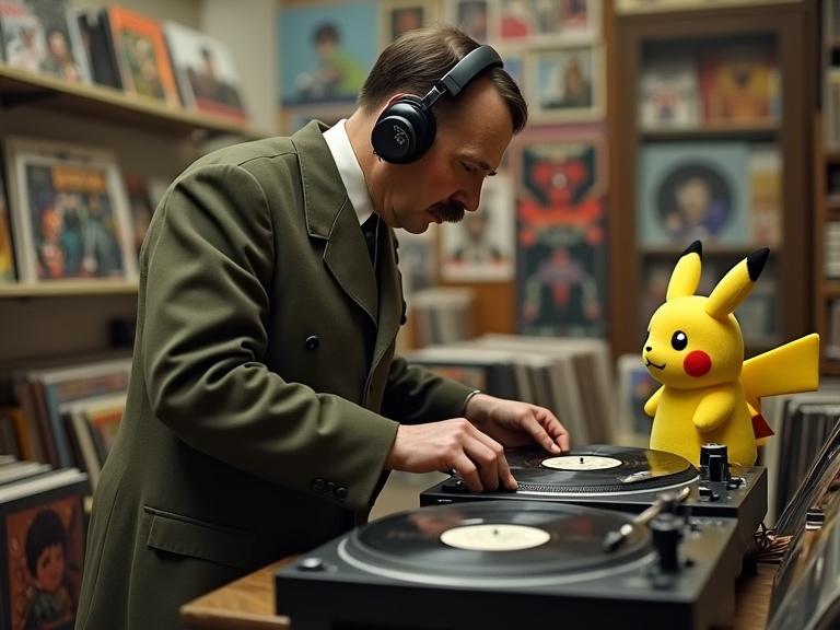 Adolf Hitler plays vinyl records on turntables inside a record store. He wears professional DJ headphones. A Pikachu doll stands next to him. The atmosphere is lively with vinyl records displayed around.