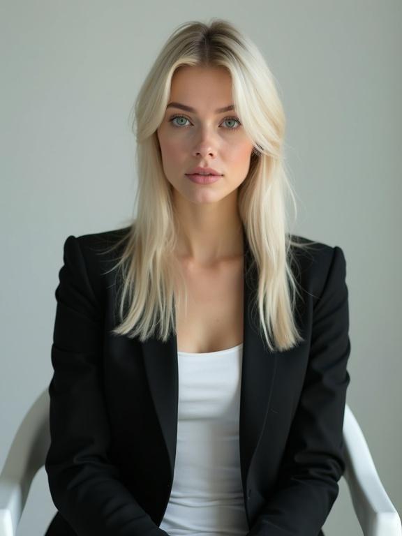 Ultra-realistic cinematic style photorealism high resolution studio portrait of a young woman with tall white blonde hair wearing a black blazer over a white shirt. She is seated on a simple white plastic chair with both hands raised gently in front of her chest. The woman has a full round face and large green eyes without makeup. She exudes a calm and confident presence.