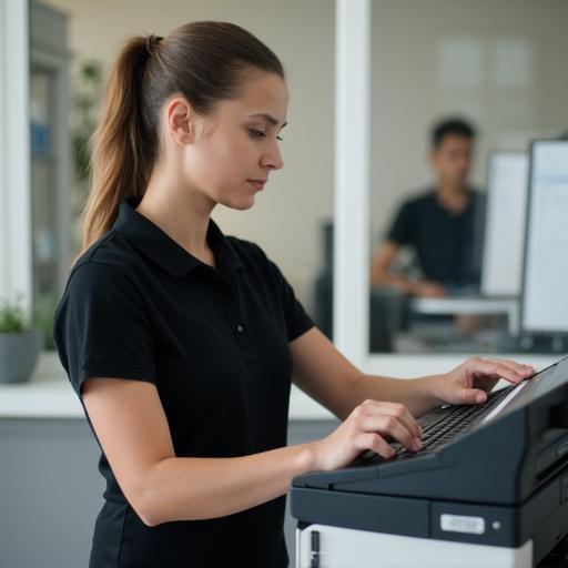 A woman in a black polo shirt operates a copy machine in an office setting. She appears focused and engaged in her task. The environment looks professional and organized.