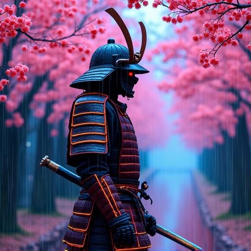 A lone samurai warrior stands poised in traditional armor with glowing neon lines. Electric cherry blossoms surround the warrior, emanating vibrant light. Rain appears stylized in waves, merging traditional and digital art styles.