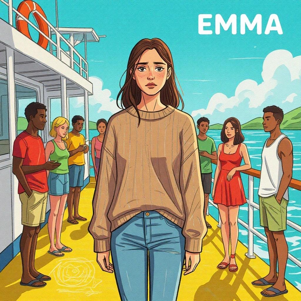 A young woman named Emma stands on a ferry's deck. She wears an oversized sweater and jeans showing discomfort from the tropical heat. Sweat beads on her brow, and her hair clings to her neck. Around her, friends are dressed in light tropical clothes, enjoying the day. Bright blue sky with soft clouds highlights the glaring sun. Emma appears out of place, her posture withdrawn, displaying silent turmoil. Full color, semi-realistic style conveys heat and isolation.