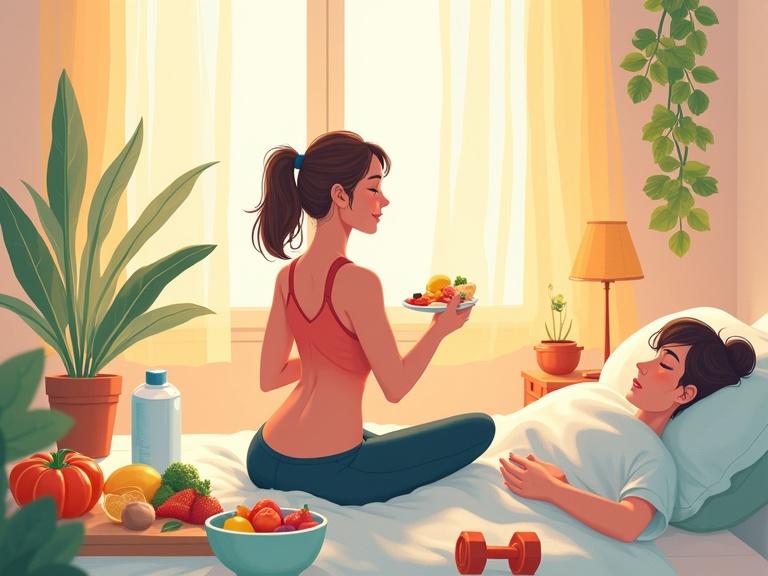 A vibrant holistic illustration of a relaxing scene inside a cozy room. Woman in casual clothing sits on a bed. She holds a plate with healthy foods. Another woman rests peacefully in bed. Bright natural light shines through large windows. Room has plants, weights, and jars of fruits and vegetables. Soft, warm colors enhance the calm atmosphere.