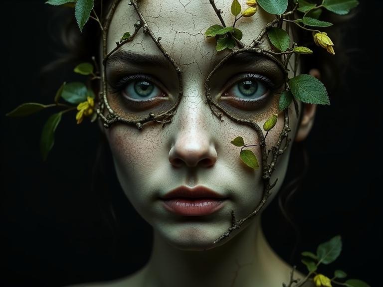 Close-up portrait of a female face blending with natural elements. Features a crackled texture with pale skin. Eyes are dark with a piercing gaze. Thin branches and delicate leaves weave across the face, with some green and some yellowing leaves. Background fades into black, enhancing dramatic tone and sense of isolation.
