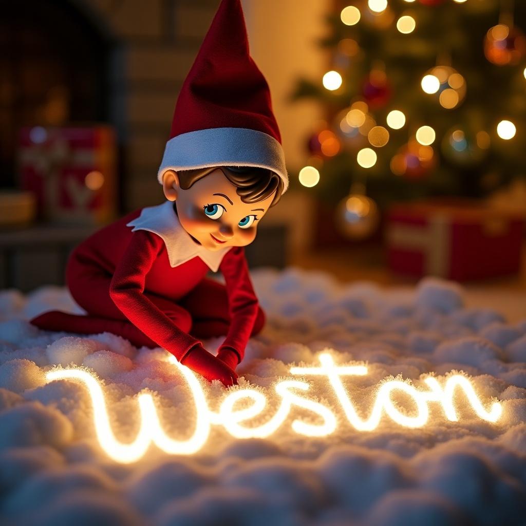 Image of an Elf on the Shelf dressed in red, writing the name Weston in illuminated snow. Background has a decorated Christmas tree. Atmosphere is warm and enchanting, capturing holiday joy.