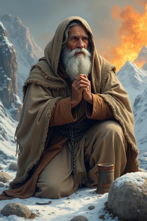 Saint Jacob kneeling in prayer wearing monastic clothes with an iron chain. He has a white beard and is surrounded by snowy mountains and fire. Distant villagers admire him. An old cup rests beside him.