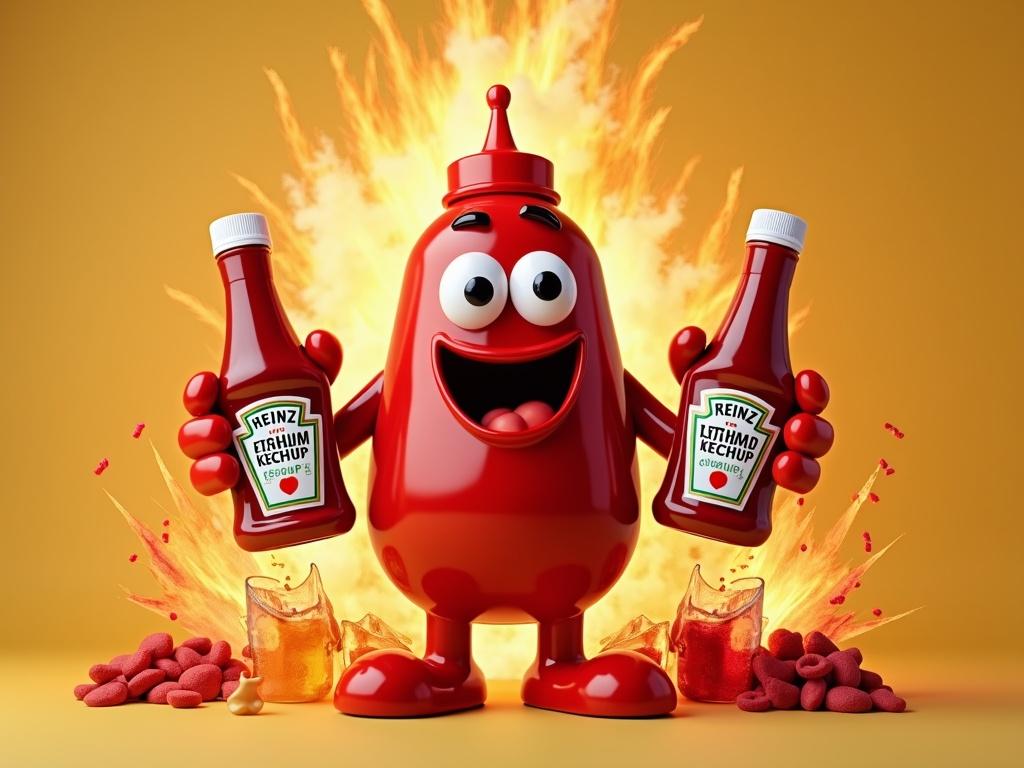 Kraft Heinz mascot character holds two ketchup bottles with flavors. Vibrant flavors explode in the background. Animated and fun atmosphere.