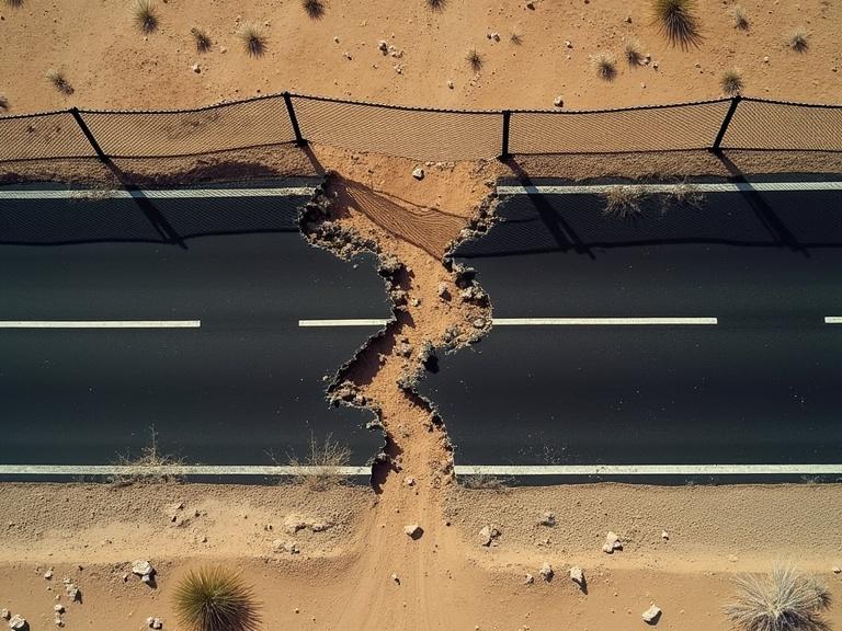 Top-down view of a fractured black asphalt road with cracks. The road is split horizontally. Below, harsh desert terrain with sharp debris. Above the road, a twisted chain-link fence is present.