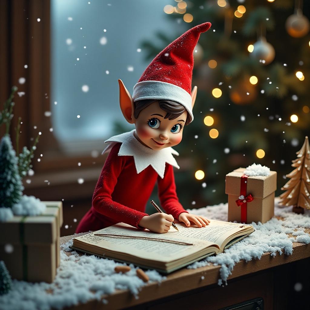 This image features a cheerful male elf on the shelf, dressed in a vibrant red outfit with a white collar. He is sitting at a cozy wooden table, writing in a large book with the words 'See you soon Imogen'. Surrounding him are festive decorations, including small presents and Christmas trees. Soft snowflakes are gently falling, adding to the enchanting winter atmosphere. The warm, inviting lighting enhances the holiday spirit, making the scene feel magical and joyful. This elf embodies the charm of holiday traditions, capturing a moment of childhood wonder.