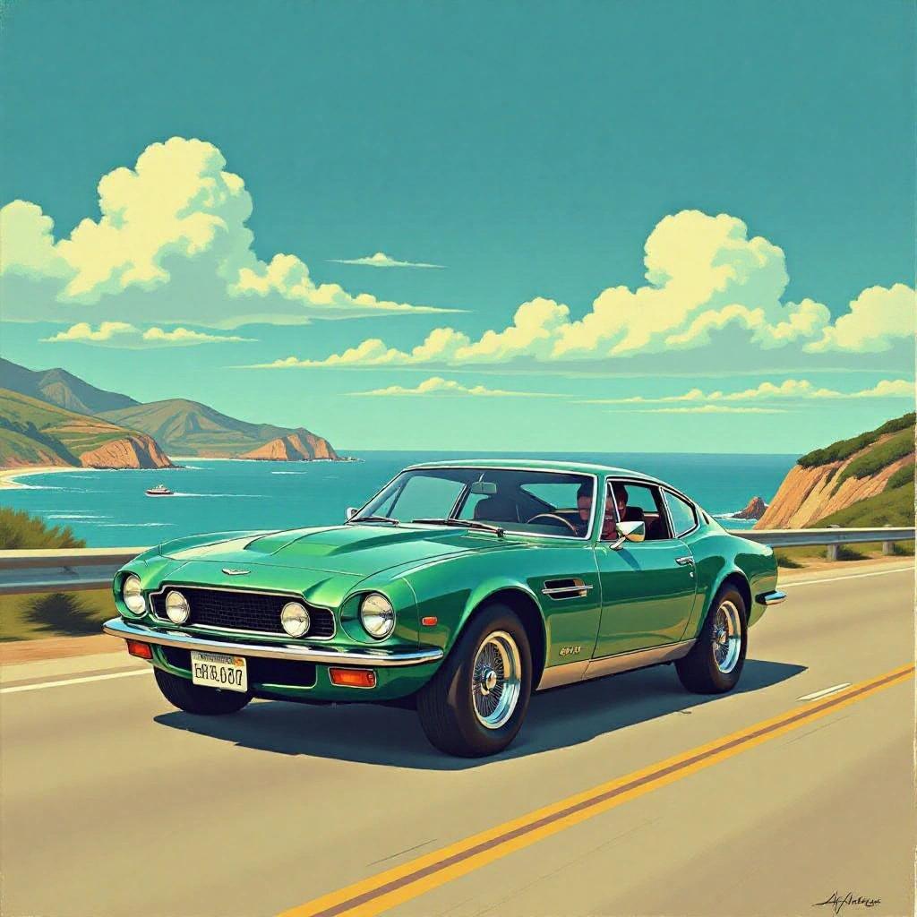 A 1970 Aston Martin V8 Vantage drives down the Pacific Coast Highway. Bright colors and a picturesque landscape in the background. Style resembles Al Feldstein’s work.