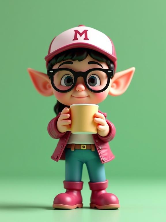 Figurita de una elfa urbana de pie, estilo juguete de diseñador sosteniendo una taza. Personaje con piel clara, sonrisa coqueta, mejillas rosadas. Lleva gafas de sol negras, gorra camionera blanca con símbolo M vino tinto, chaleco utilitario vino tinto, camisa blanca, pantalones azules y botas vino tinto. Fondo verde pastel. Iluminación suave.